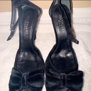 Jill Stuart Black Velvet Bow Ankle-Strap Heels with Buckle